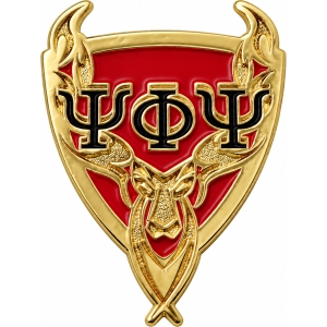 red and gold enamel pin with deer head and antlers